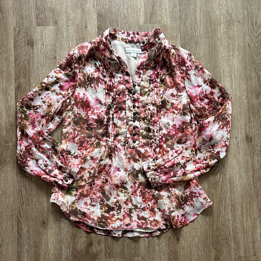 Coldwater Creek Pintuck Romantic Raspberry Watercolor Blouse Medium Sheer‎